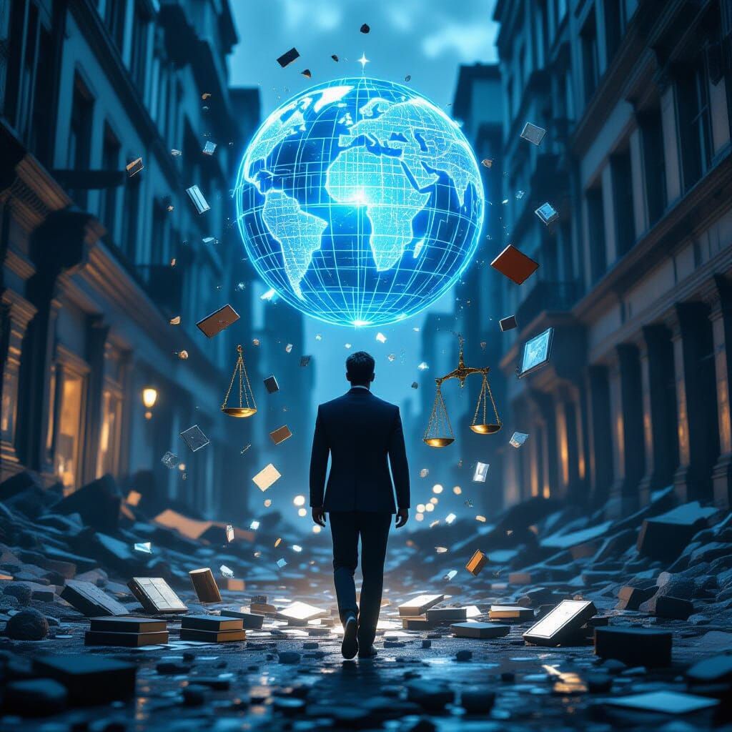 Corporate Sphere Figure in Ruined Cityscape