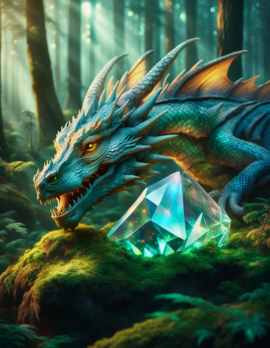 Sleeping Dragon in Forest with Giant Crystal