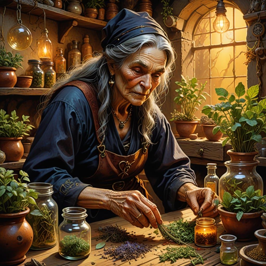 Old Herb Witch Preparing Herbs in Cozy Home