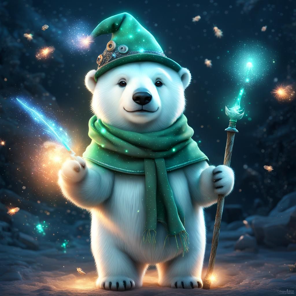 Polar Bear Wizard Flies Through Galaxy: CGI Art