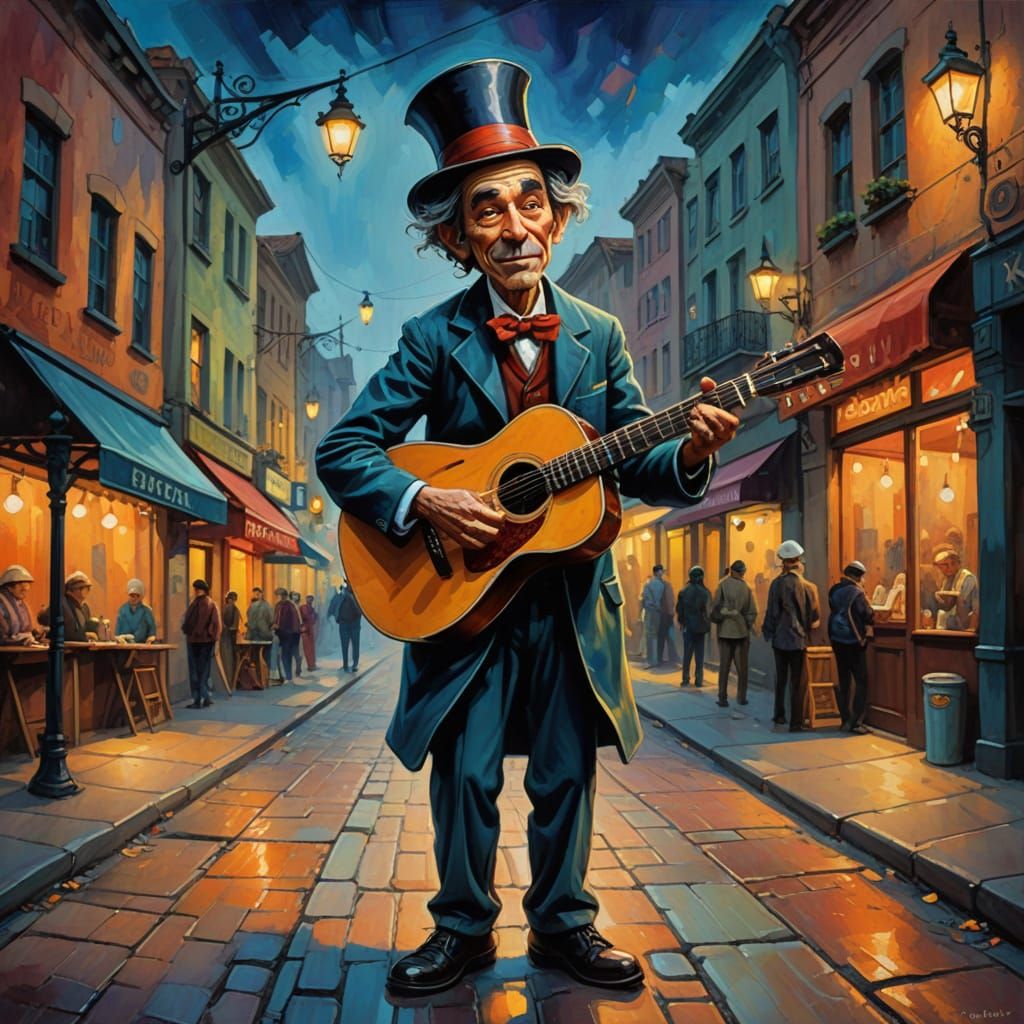 Caricature Street Performer in Dreamlike Fantasy Art