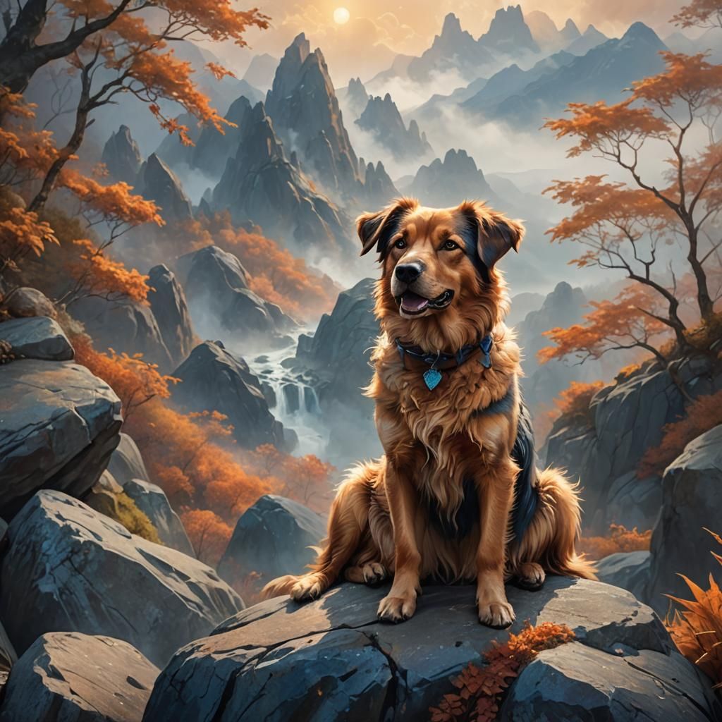 Happy Dog in Fantasy Landscape Concept Art