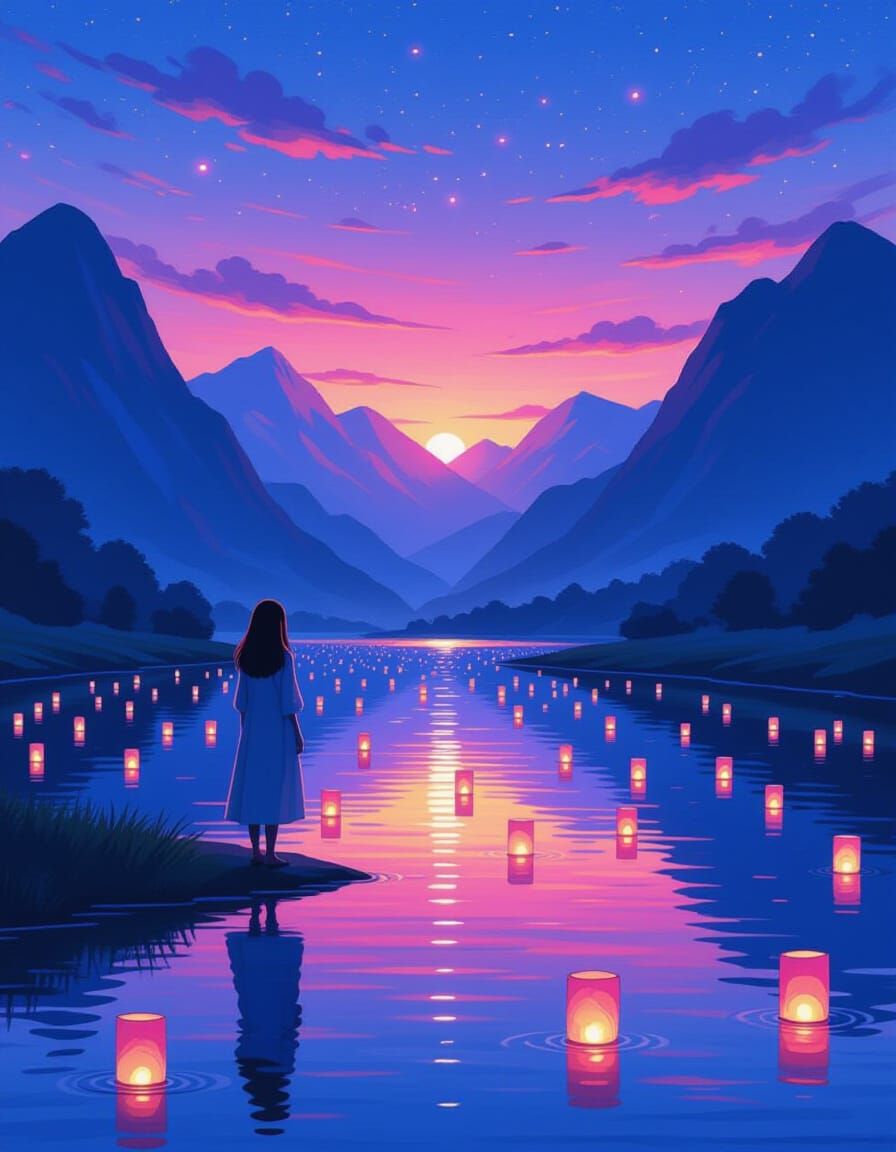 Mystical Twilight River with Floating Lanterns
