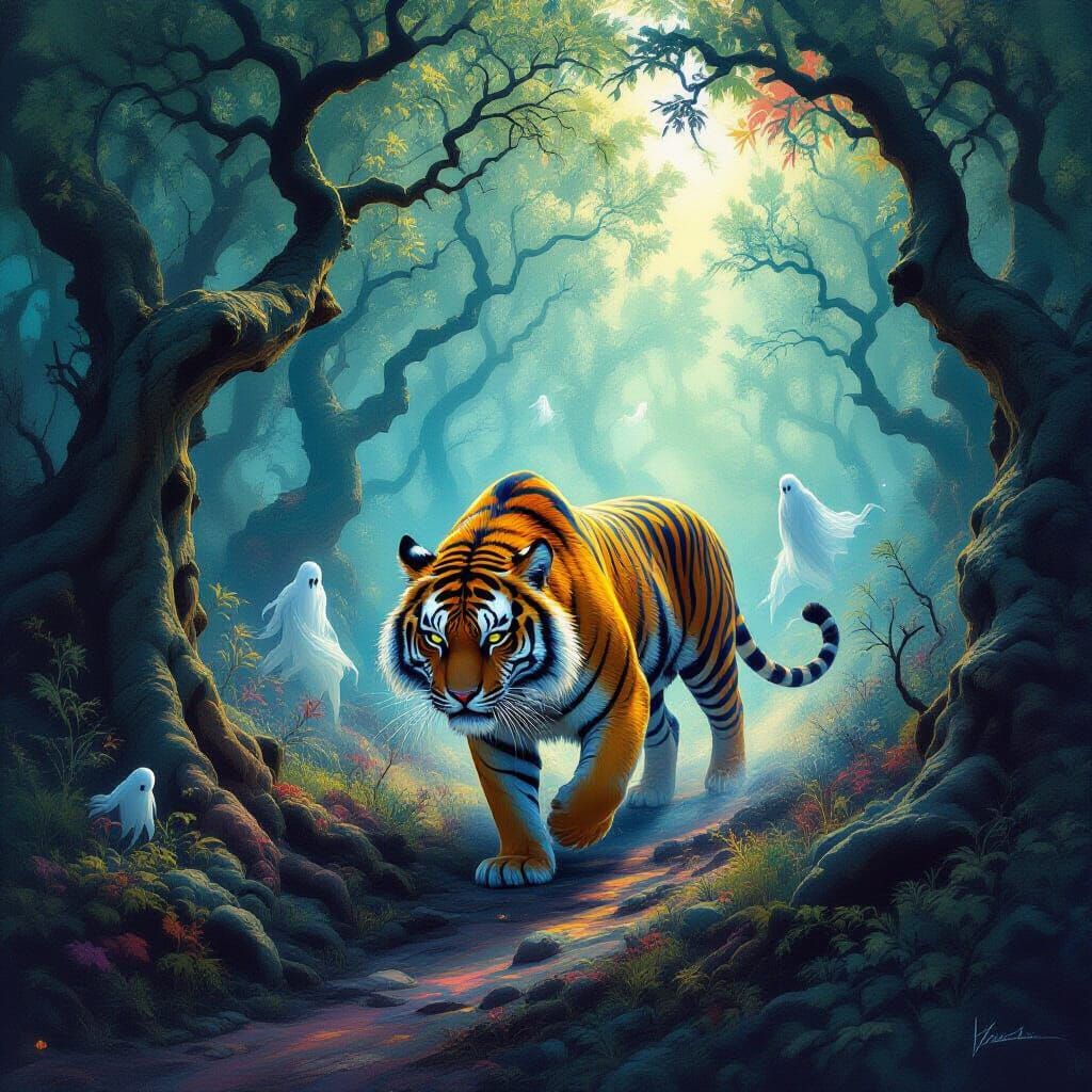 Spectral Tiger in Surreal Dreamlike Forest