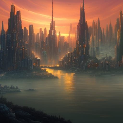 Cityscape Sunset: Detailed Matte Painting in Deep Color