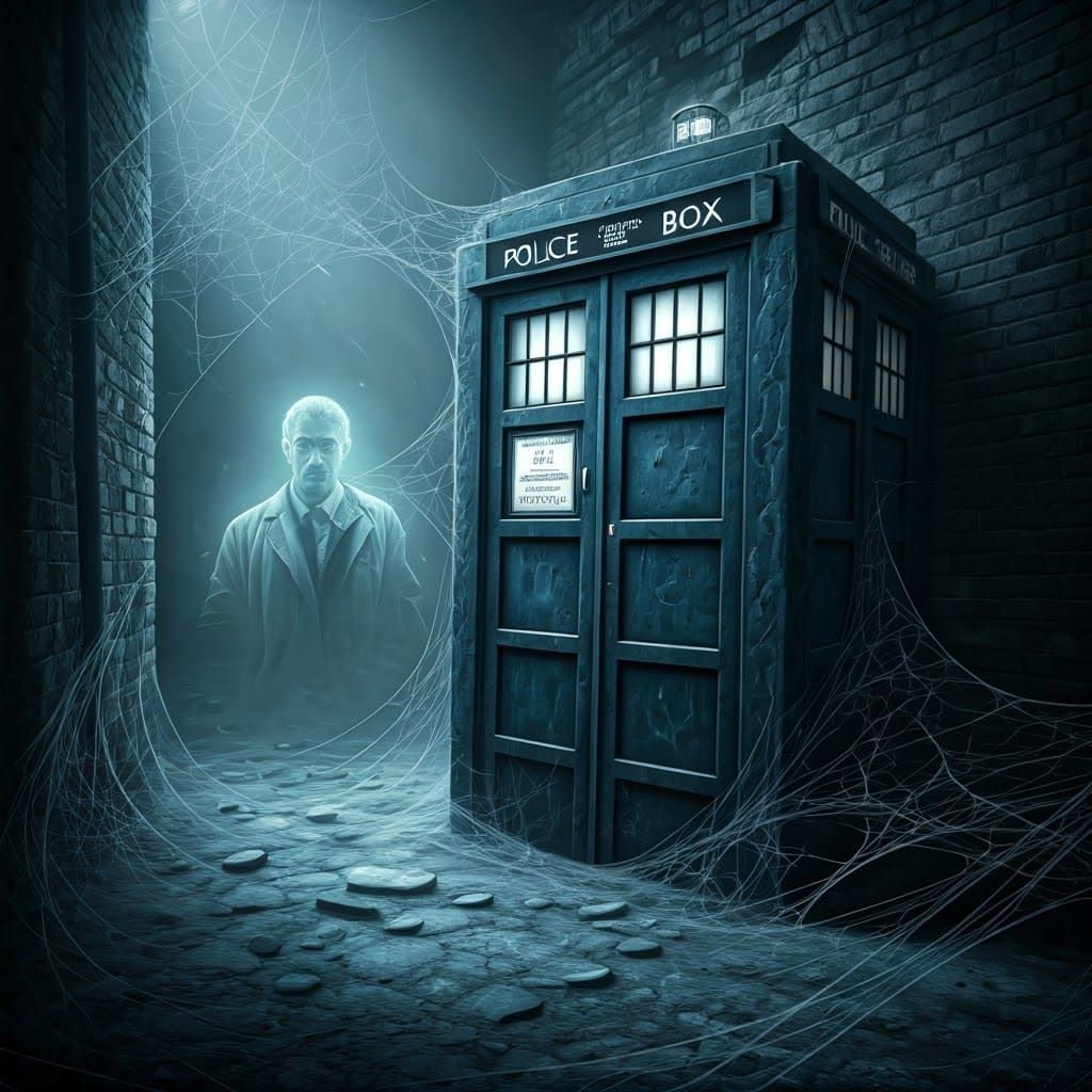 Eerie Abandoned Tardis with Ghostly Figure
