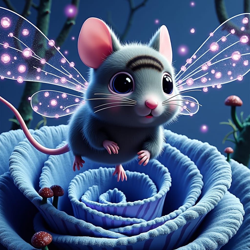 Striped Bee-Mouse Flight Over Mushroom Forest