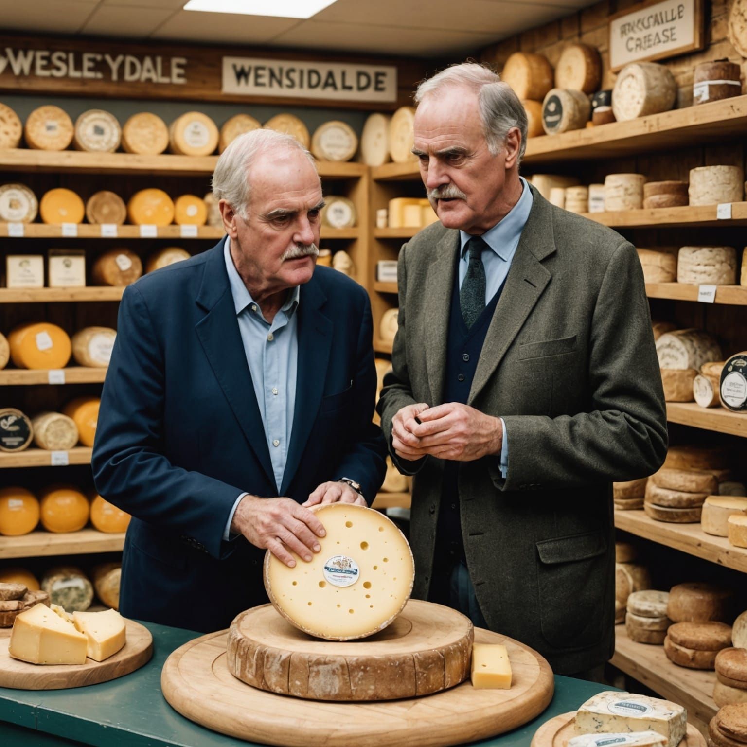 John Cleese Holds a Large Cheese Wheel