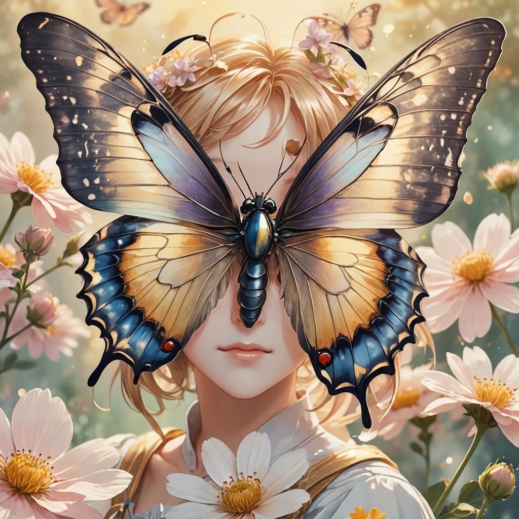 Anime Butterfly Portrait in Japanese Watercolor Style