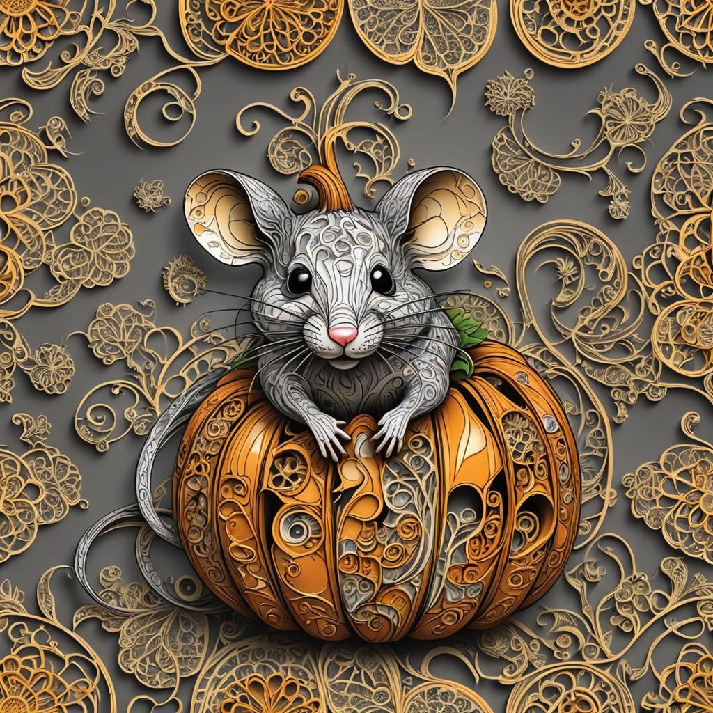 Mouse in Pumpkin with Abstract Fractal Design