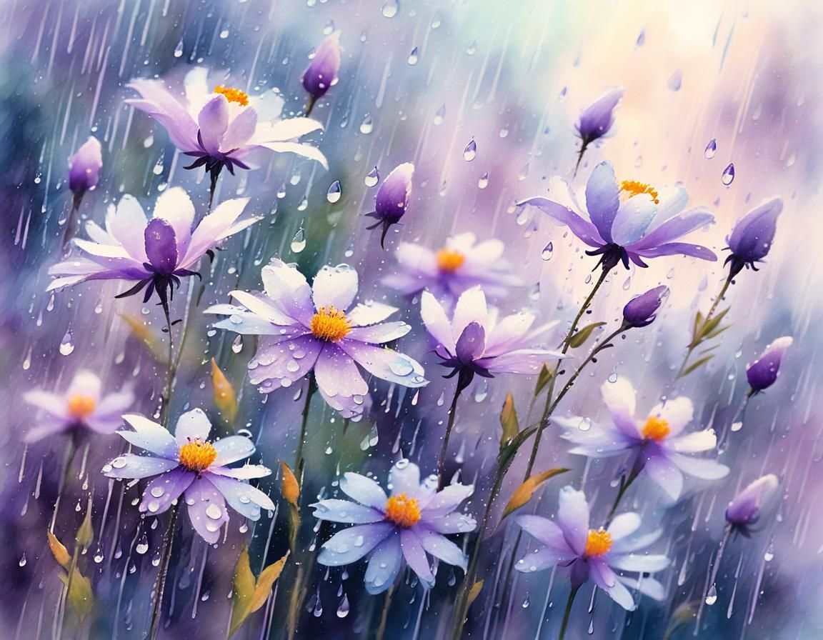Purple Flowers Blooming in Rain, Impressionist Watercolor