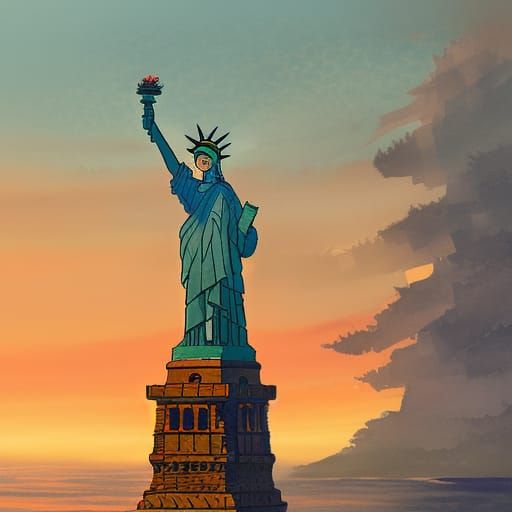 Statue of Liberty Sunrise: Anime Watercolor