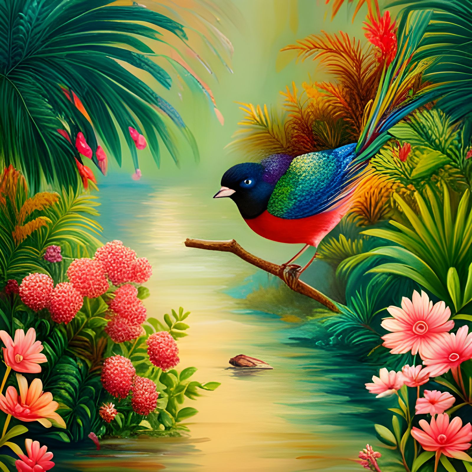 Steampunk Tropical Garden with Exotic Birds