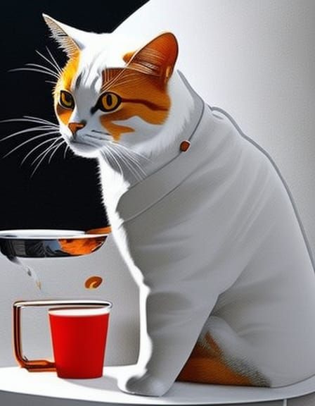 Orange Tabby Cat in Work Suit Drinking Coffee