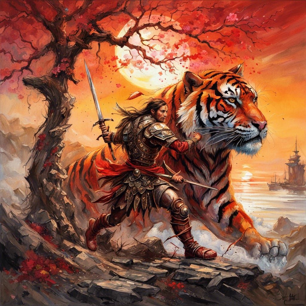 Roman Warrior vs Tiger on Sunset Beach