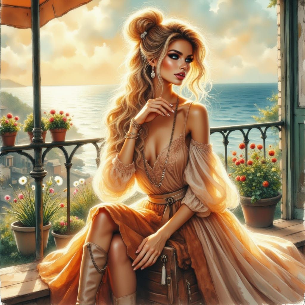 Woman on Terrace Overlooking Sea in Golden Hour Light