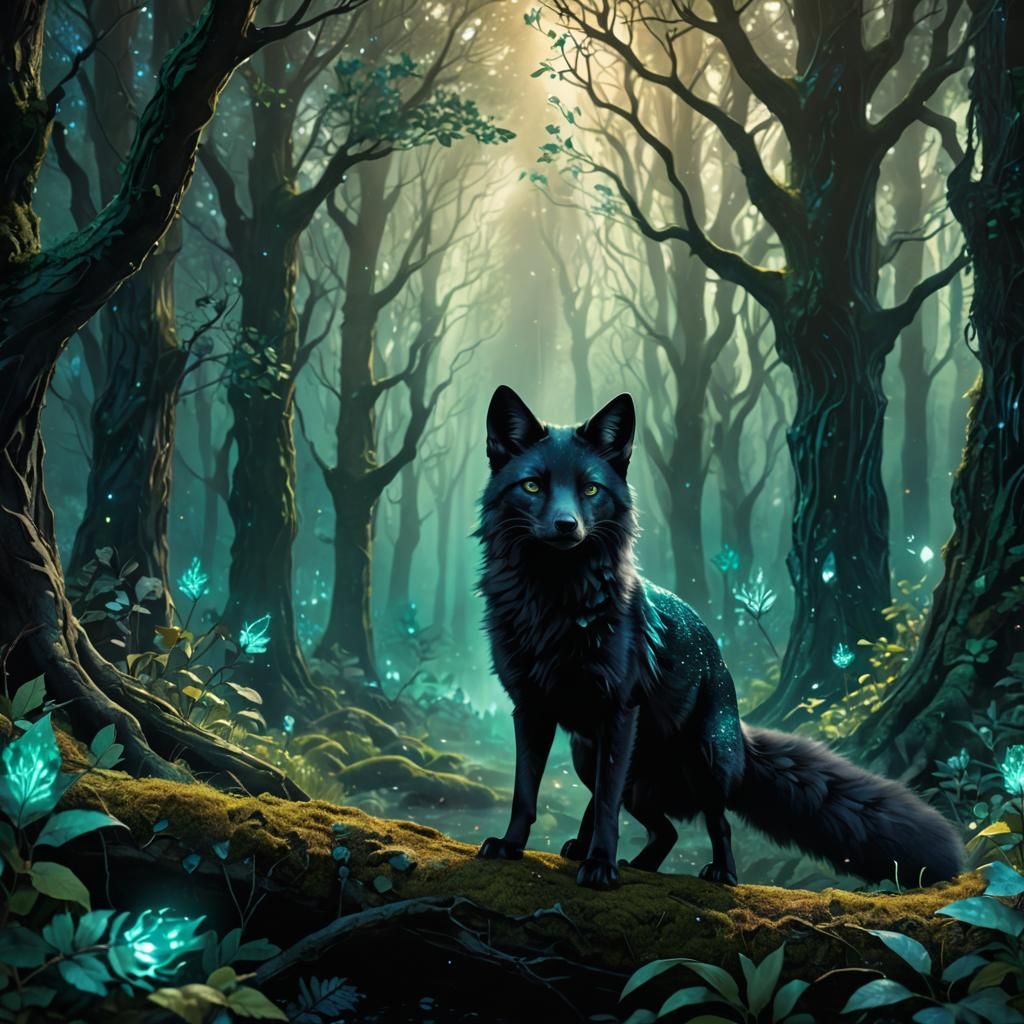 Mystical Forest Black Fox Matte Painting