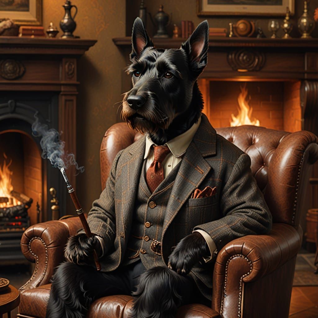 Scottish Terrier Gentleman by Fire, Rockwell Style
