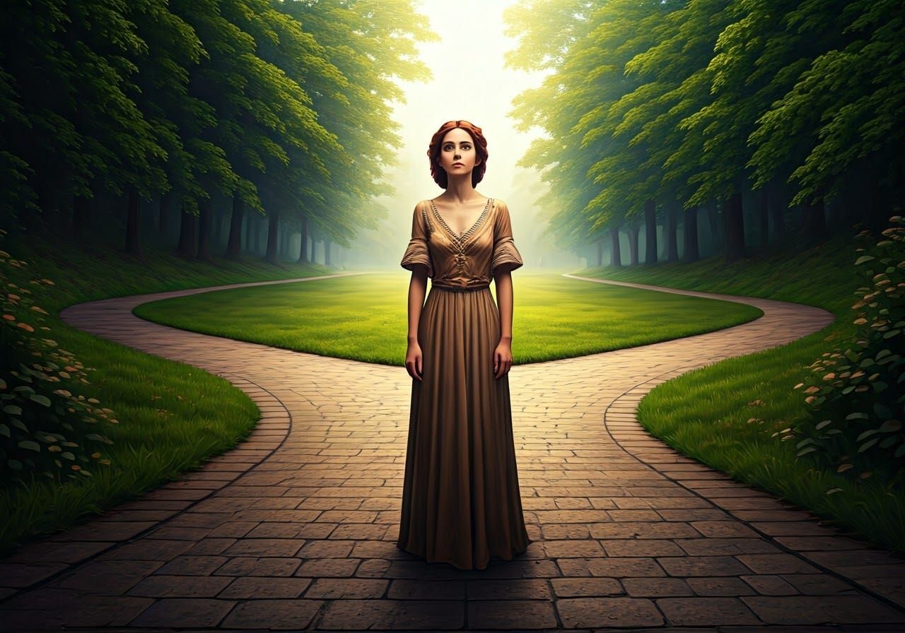 Woman at Crossroads in Klimt-Miyazaki Style