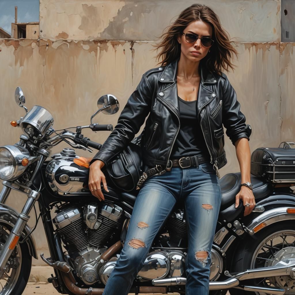 Female Biker Leaning Against Her Ride