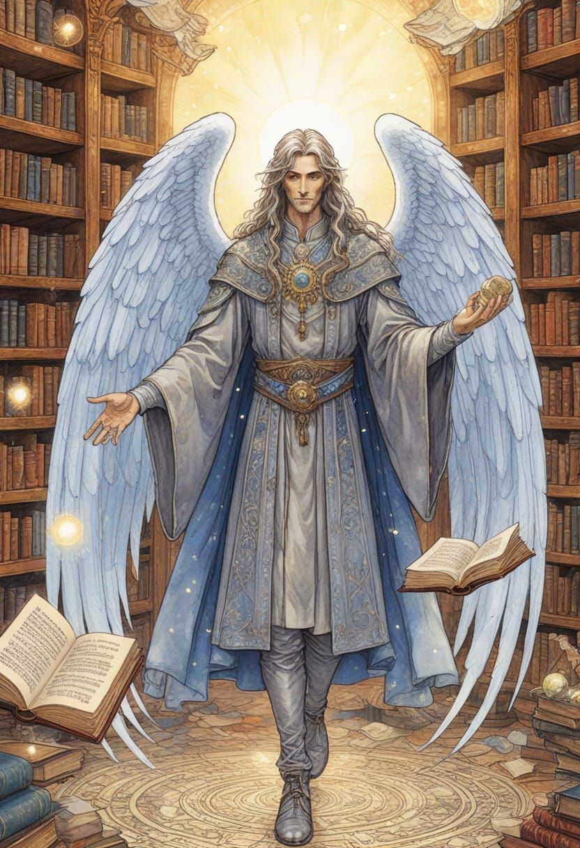 Celestial Angel as Scholar in Enchanted Library