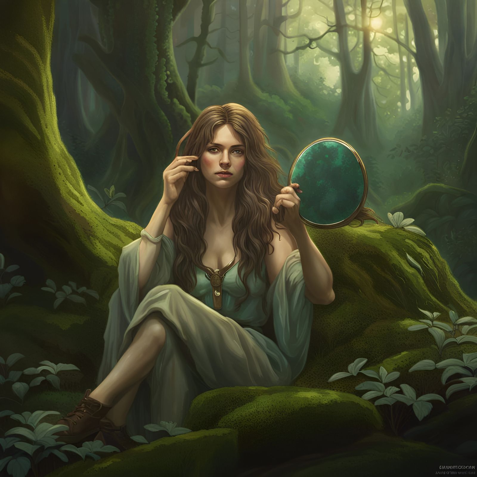 Woman with Mirror in Forest: Hyperdetailed Concept Art