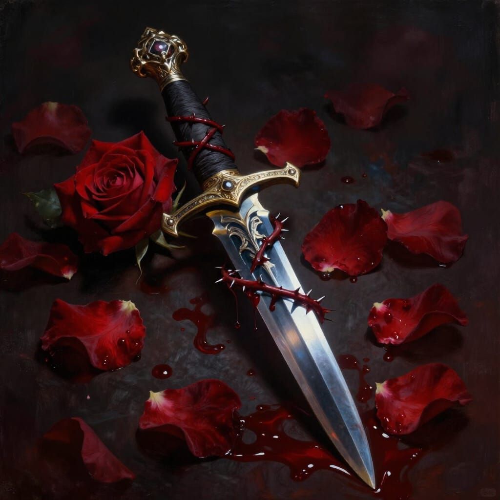 Gleaming Dagger Entwined with Crimson Roses in Dark Fantasy