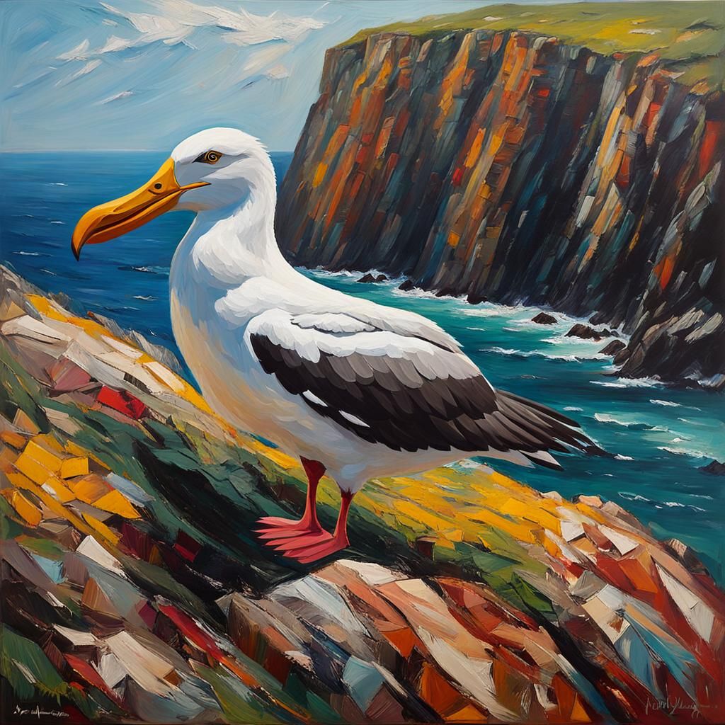 Albatross on Cliff: Impasto Sculpt Painting