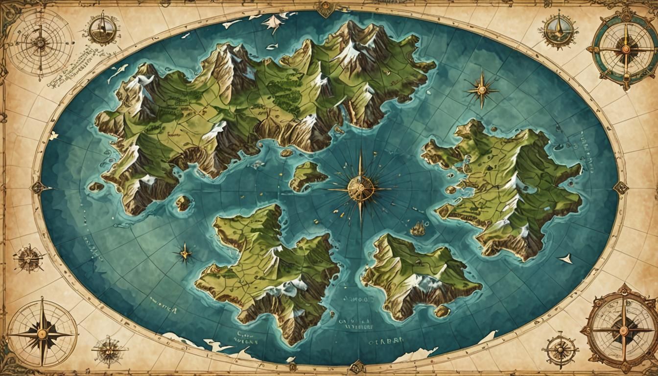 Detailed Fantasy Map for Atlas: Continents and Ocean