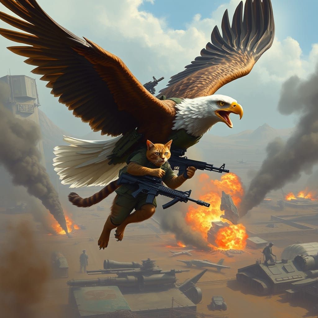 Eagle Delivers Warrior Cat Over Battlefield, Retro-Futuristi...