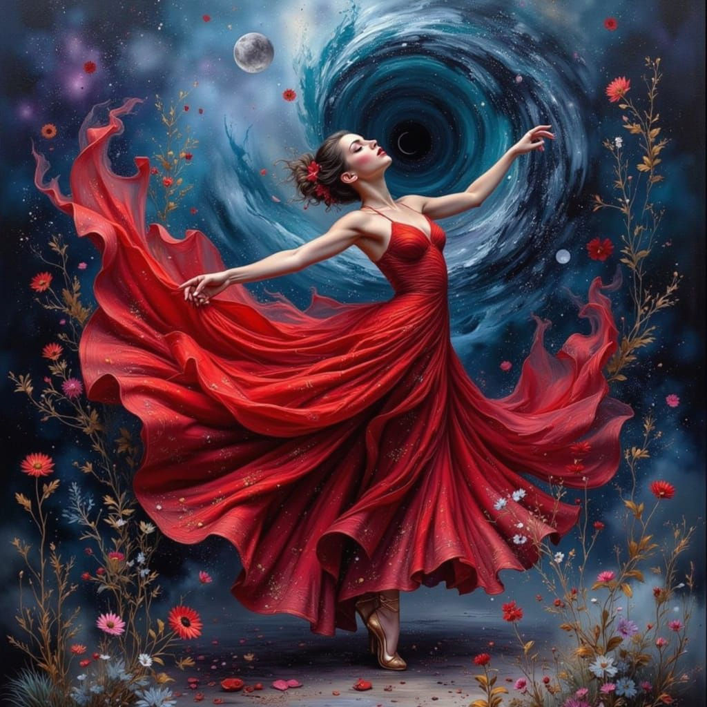 Ballerina Explodes from Canvas in Crimson Gown