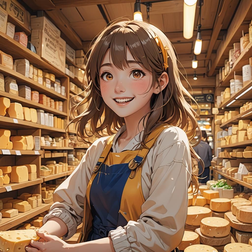 Joyful Anime Girl with Cheese in Dreamy Shop