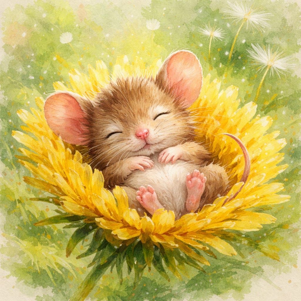 Fluffy Mouse Sleeping in Dandelion, Cartoon Style