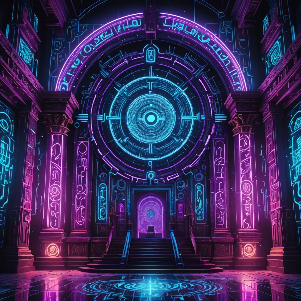 Futuristic Temple with Neon Glyphs in Surreal Digital Art