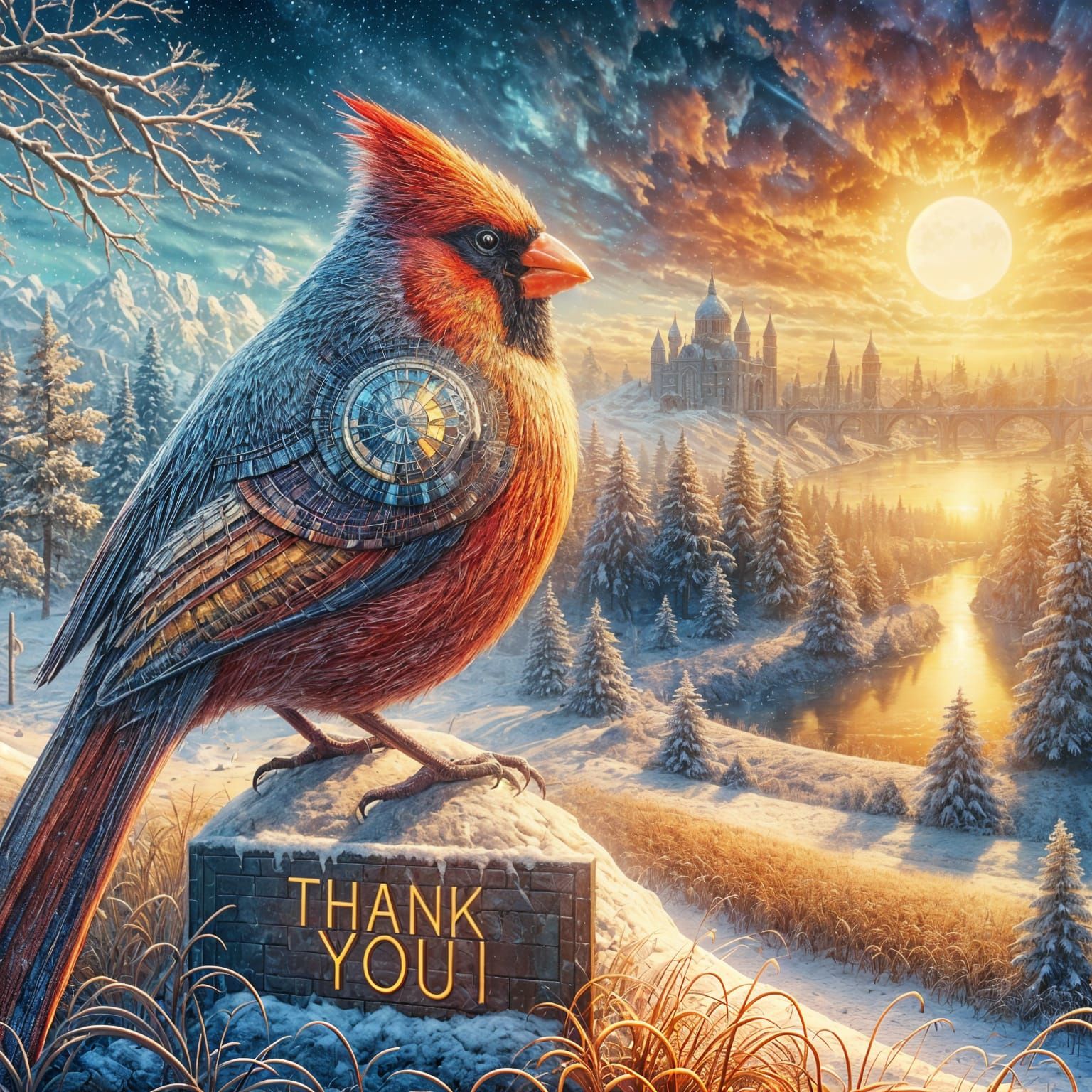 Mosaic Cardinal at Winter Sunrise, Fantasy Art