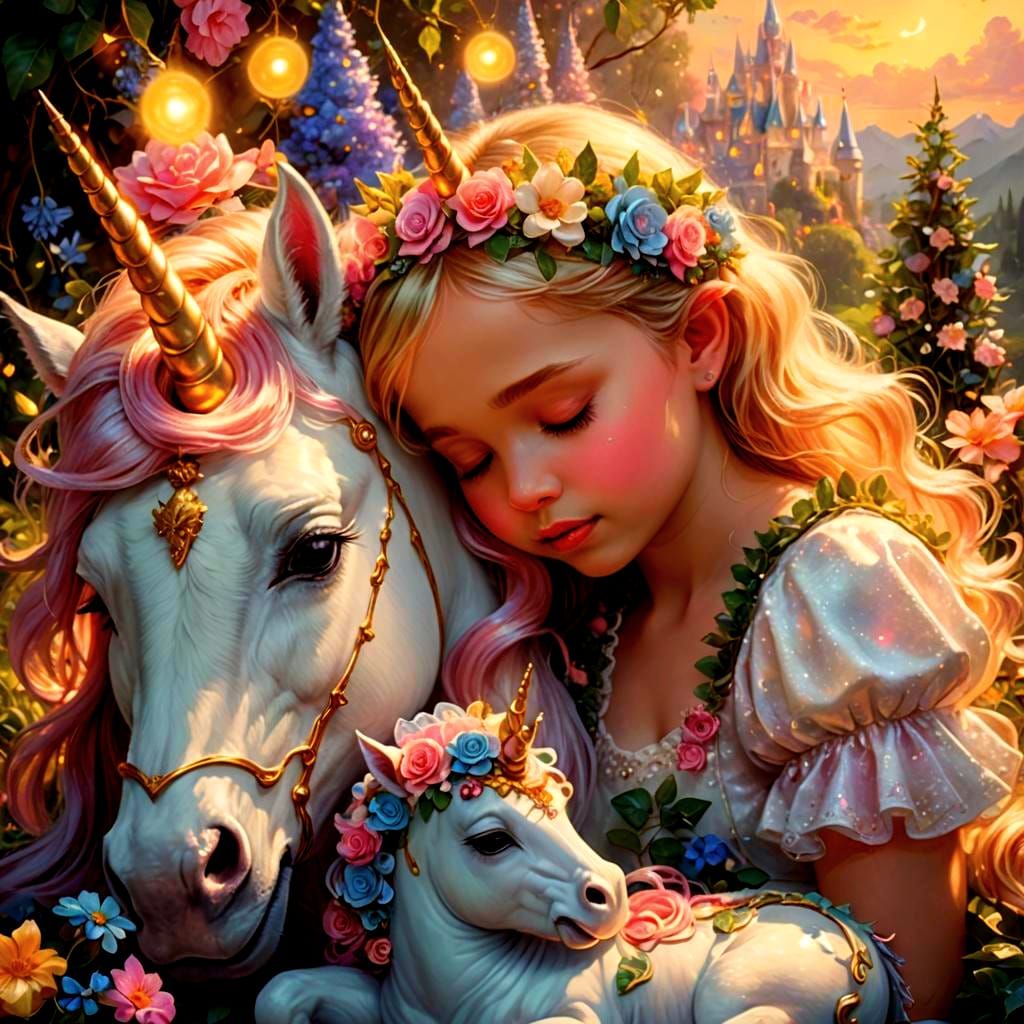 Baby Princess Sleeping with Magical Unicorn in Candy Art