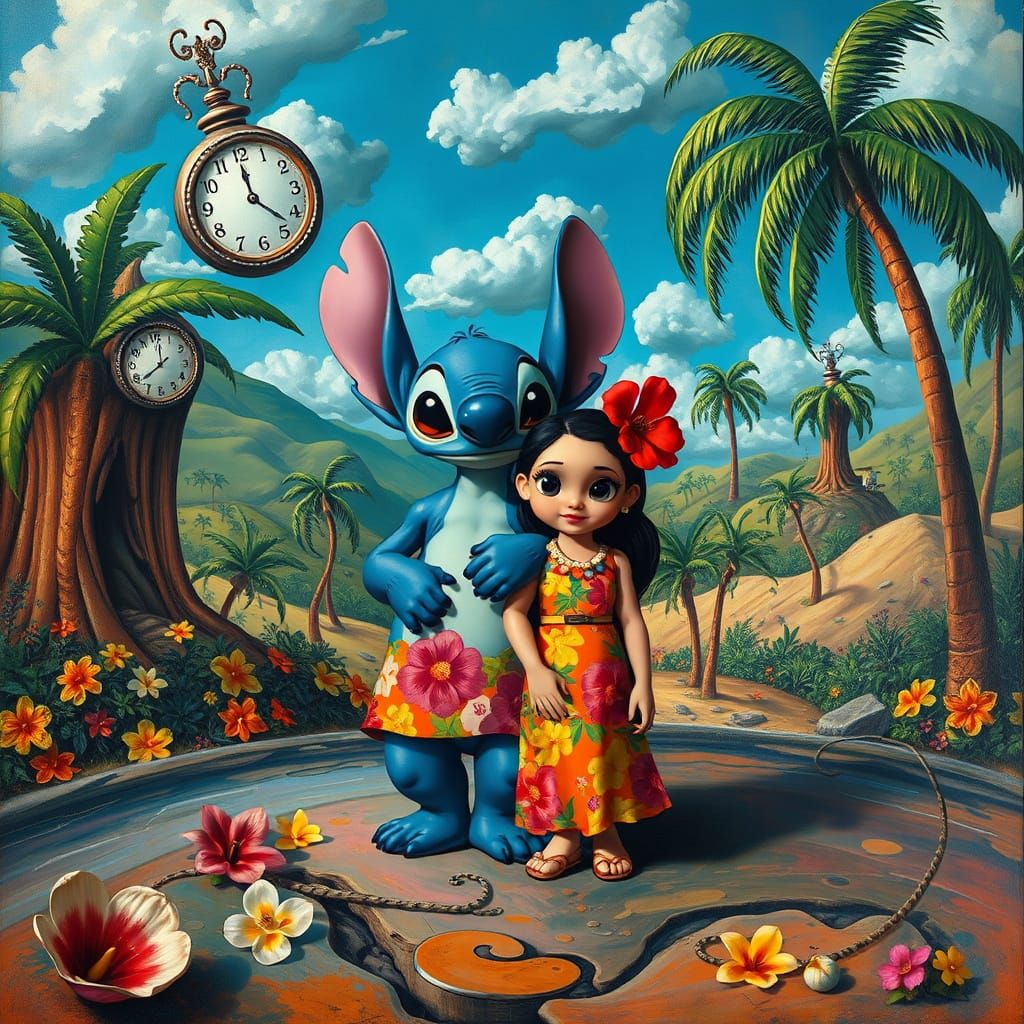 Surrealist Lilo and Stitch in a Dreamlike Hawaiian Landscape