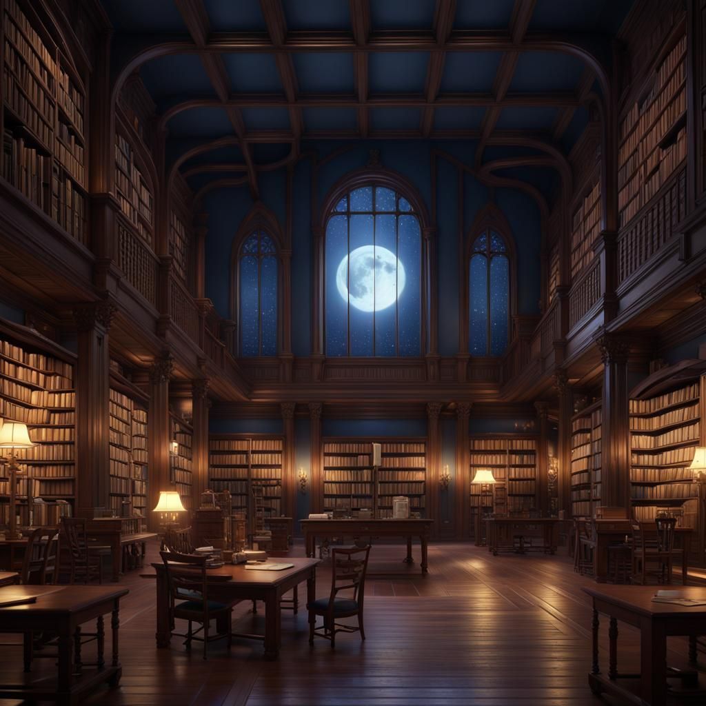Moonlit Library in Hayao Miyazaki Style