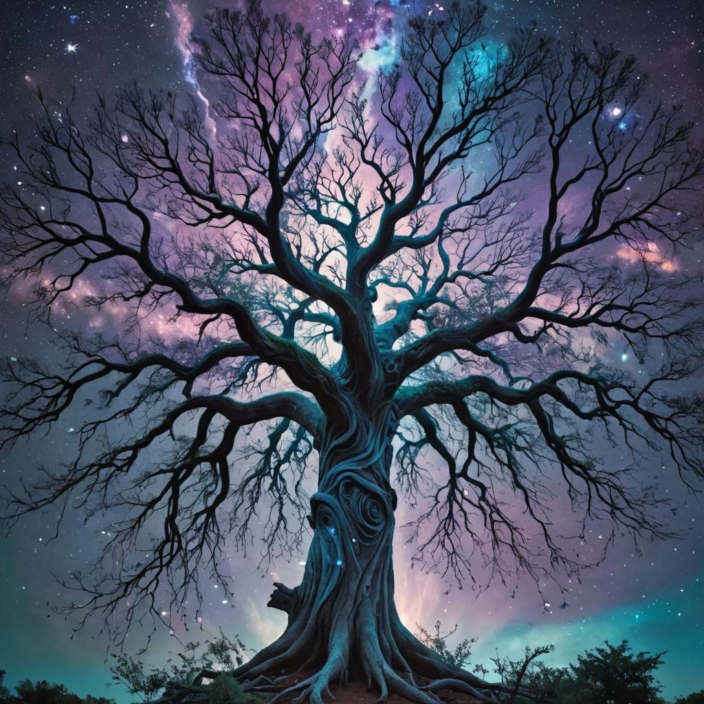 Mystical Tree with Celestial Sky, in Surreal Style