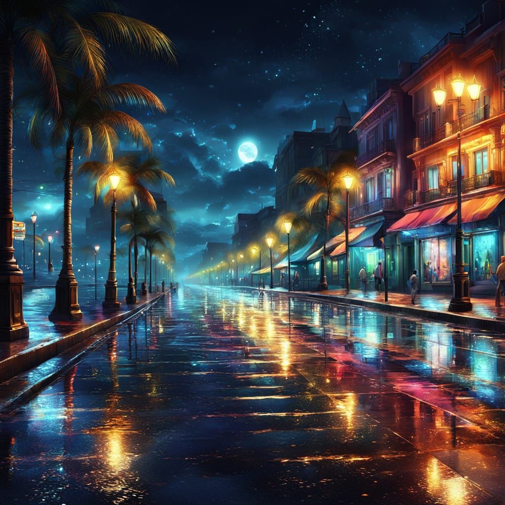 Vibrant Seaside Boulevard at Night