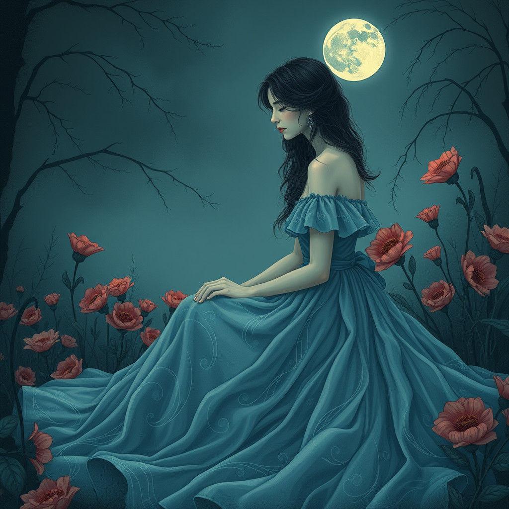 Melancholic Woman in Moonlit Garden: Surreal Art