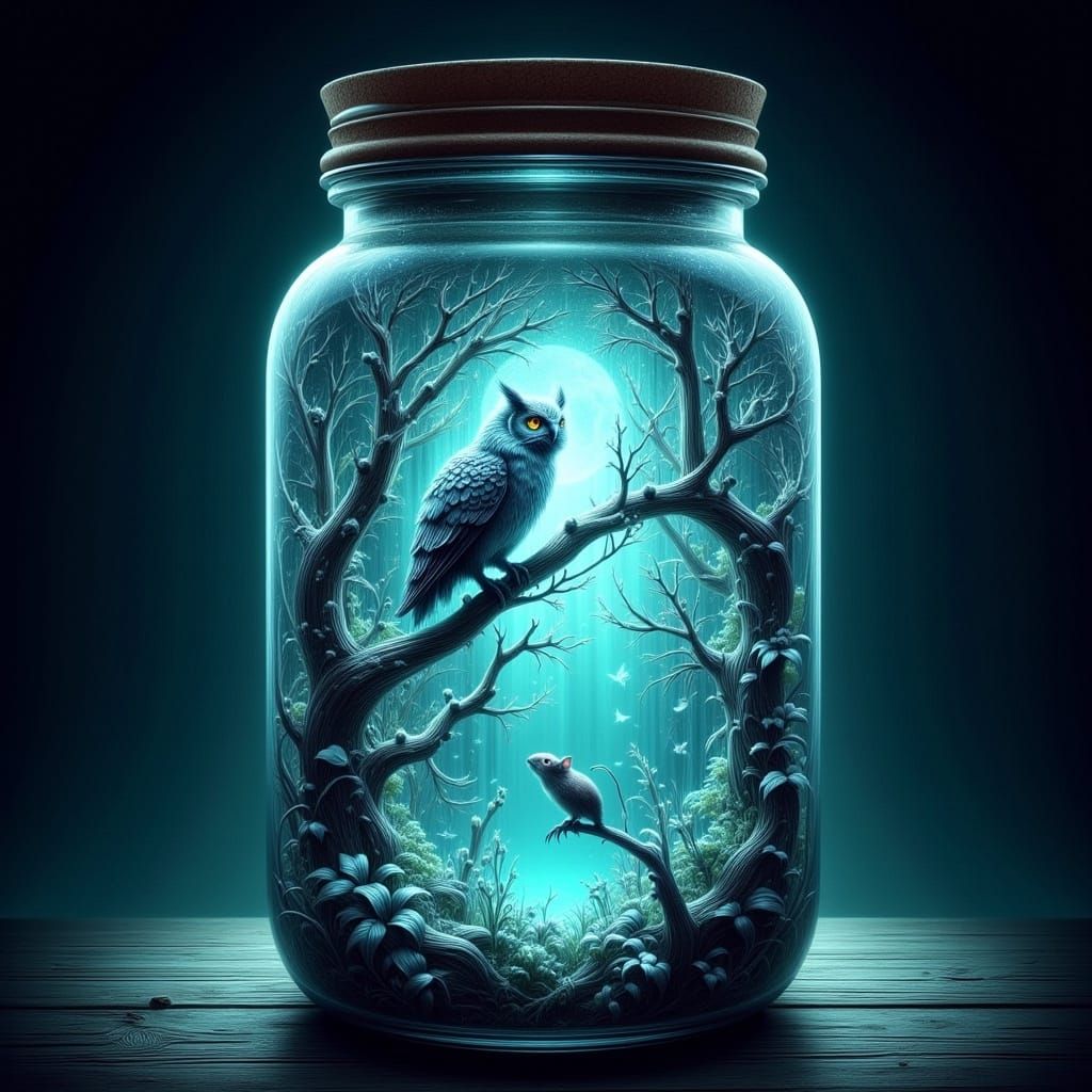 Luminous Owl in Antique Jar in Primeval Forest