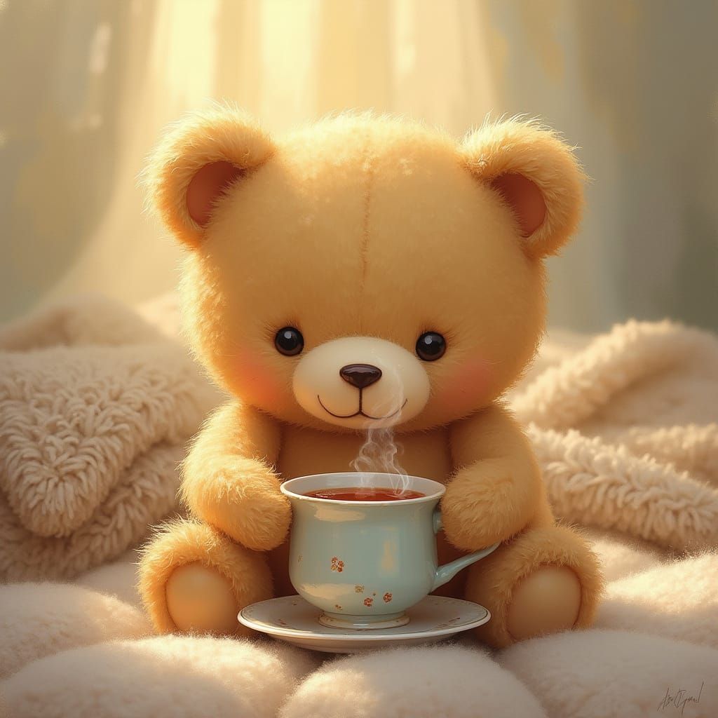 Cozy Teddy Bear Sips Tea in a Serene Impressionist Landscape