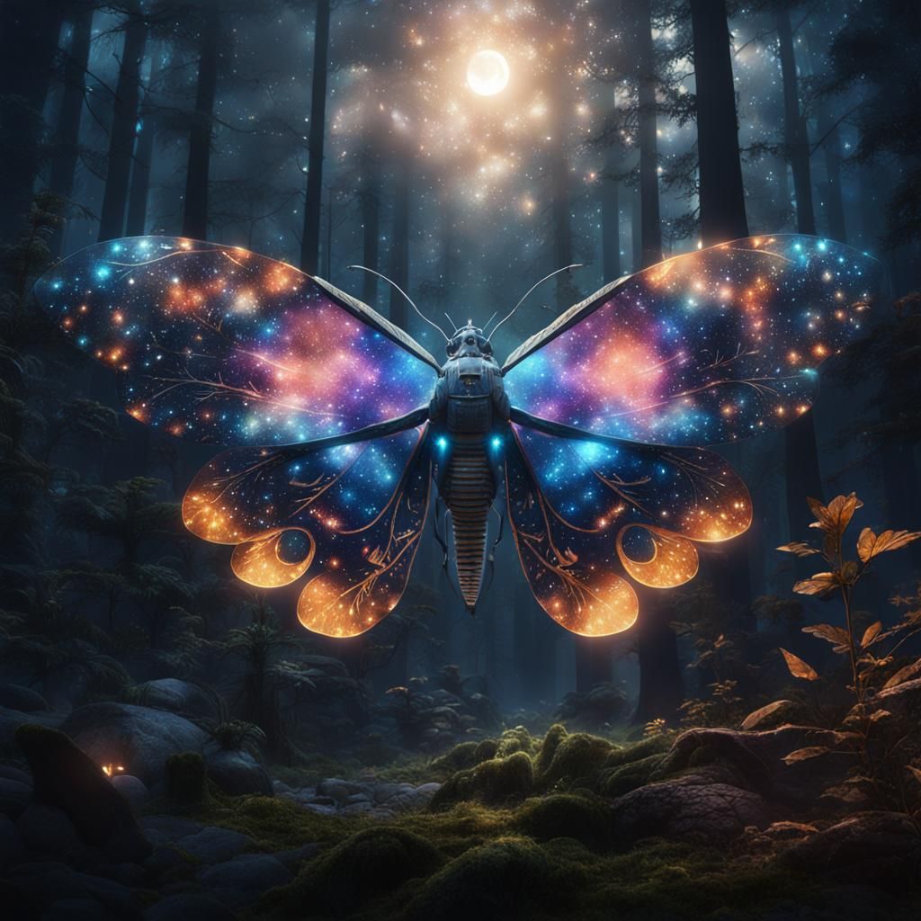 Cosmic Moth in Forest: Double Exposure Art