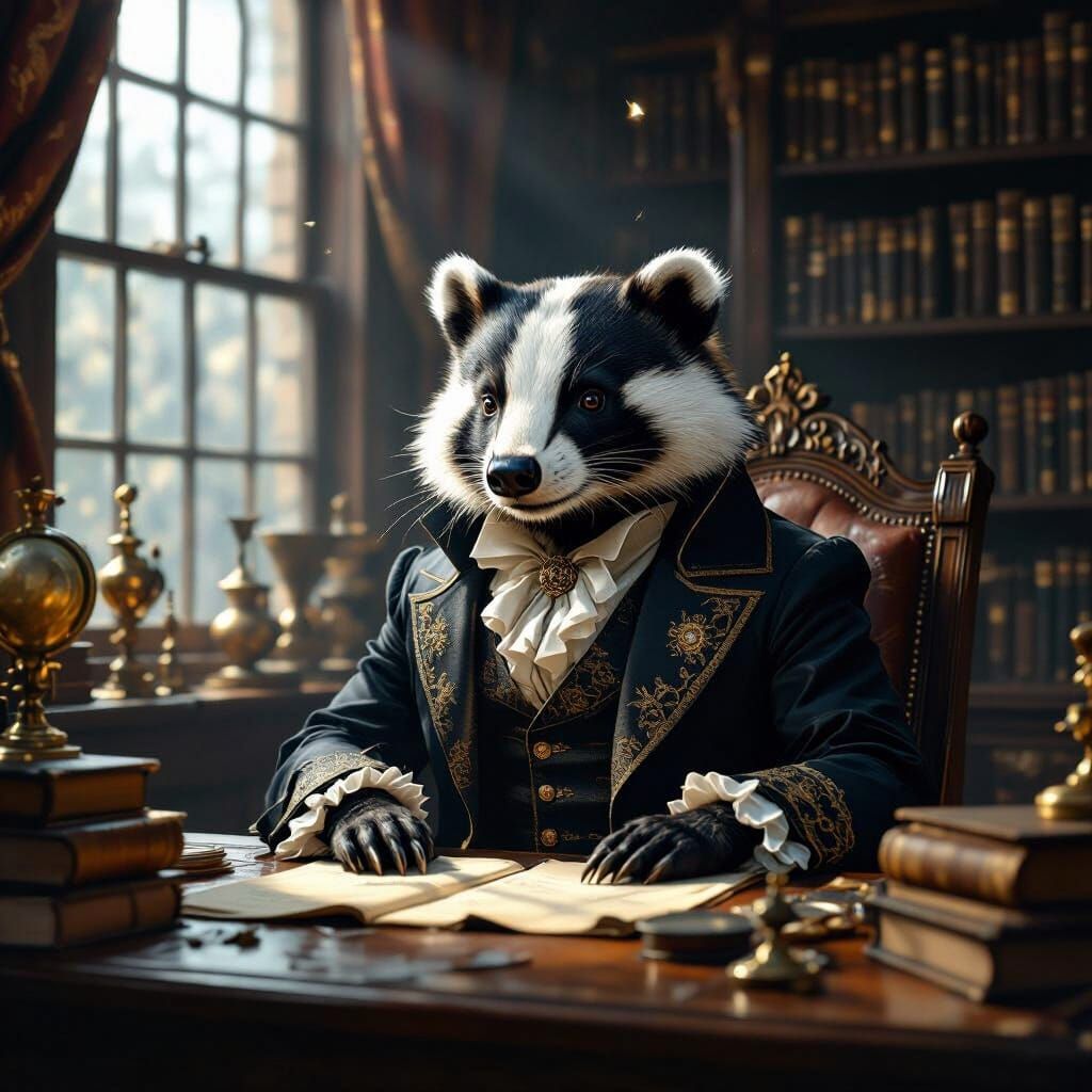 Baroque Badger Scholar in Moonlit Study