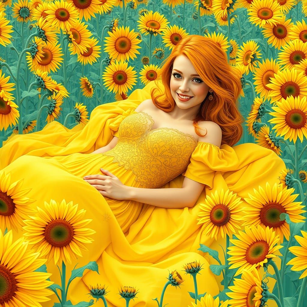 Ethereal Beauty in a Sunflower Meadow, Rendered in a Dreamli...