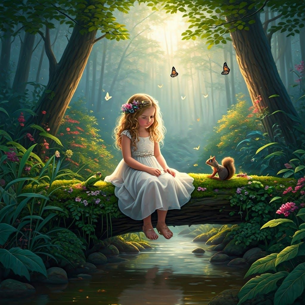 Enchanted Forest Scene with Girl and Animals