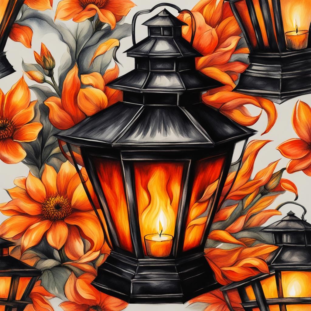 Lantern with Flame in Watercolor Style