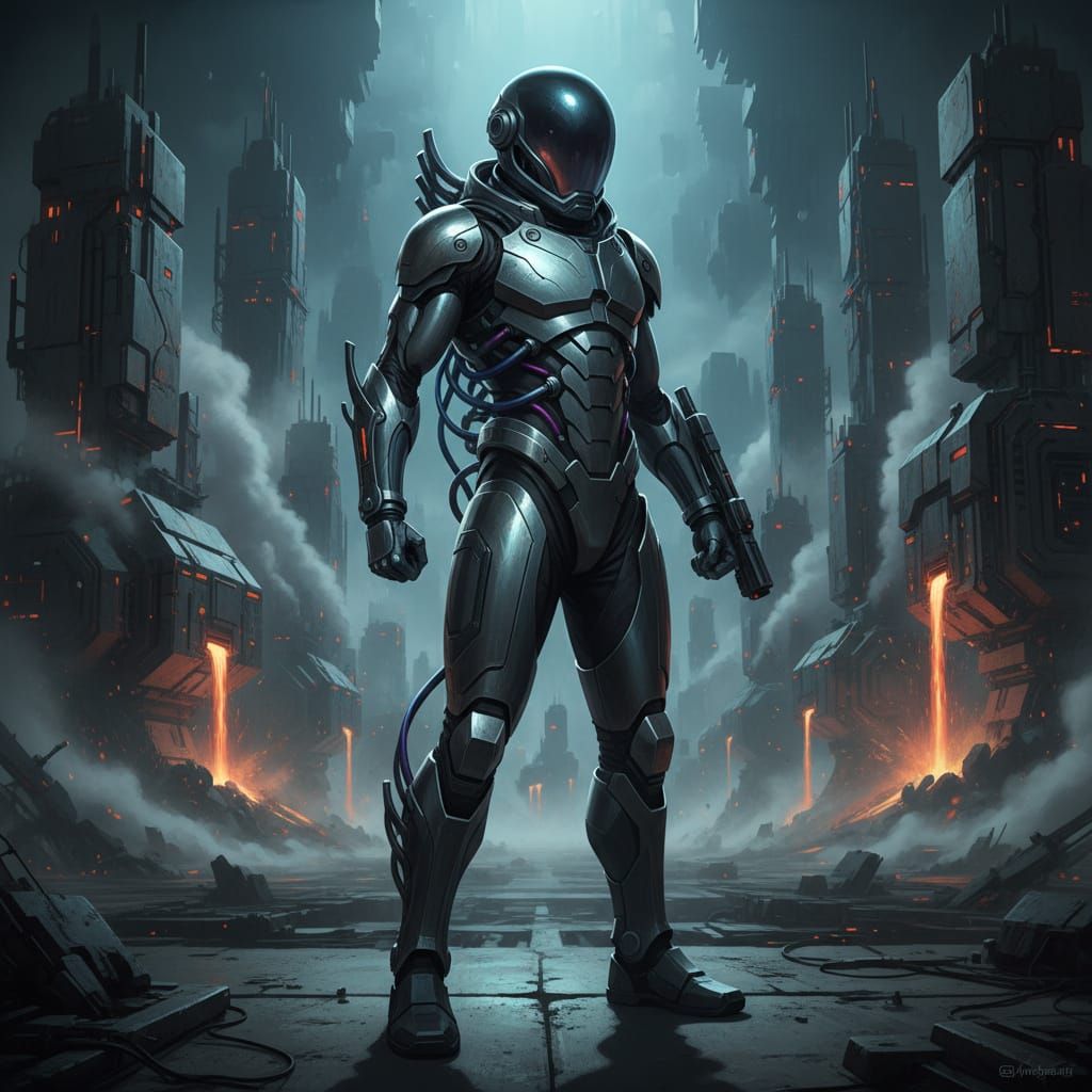 Heroic Astronaut in Metallic Spacesuit, Futuristic Industria...