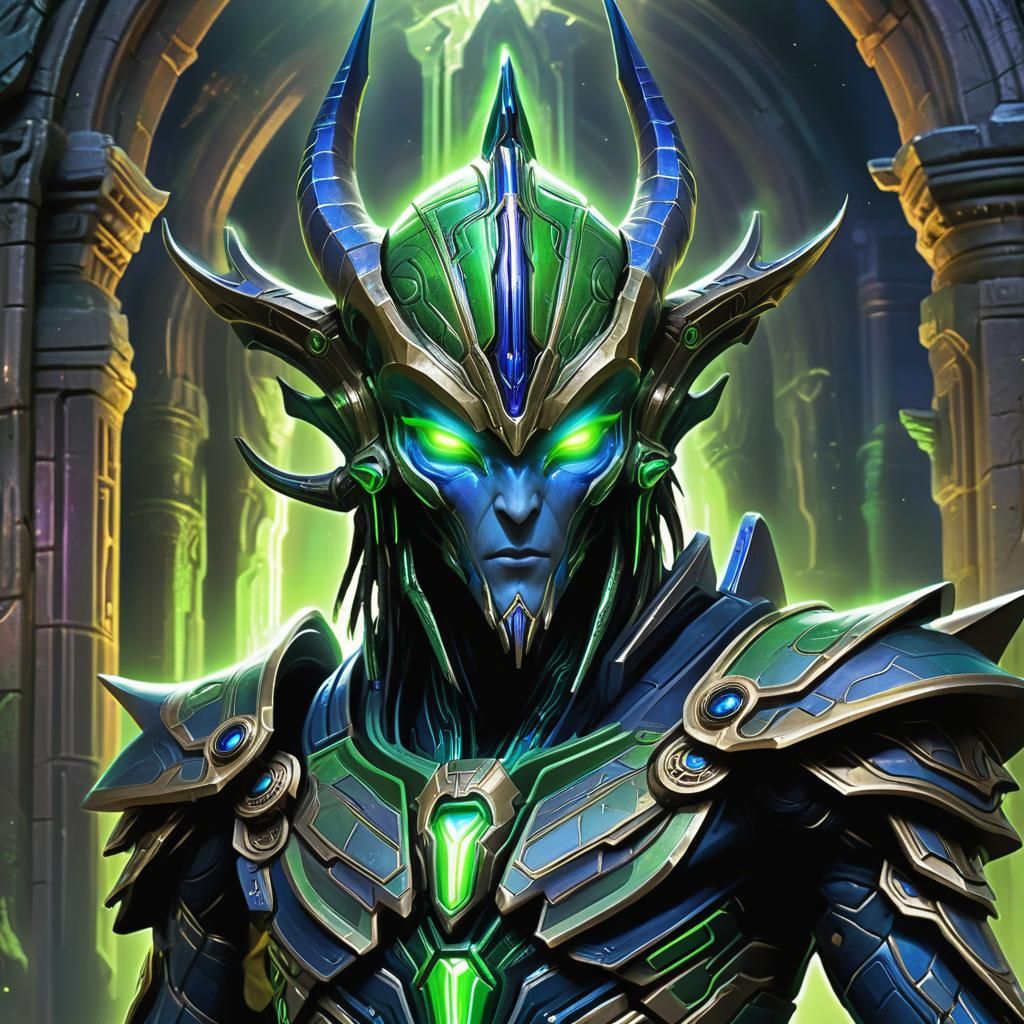 Neon Green Protoss Alien Warrior in Ancient Temple